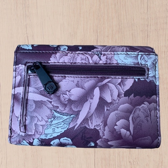 Womens floral wallet Purple Bifold ID holder zip Closure Button snap - Picture 3 of 10